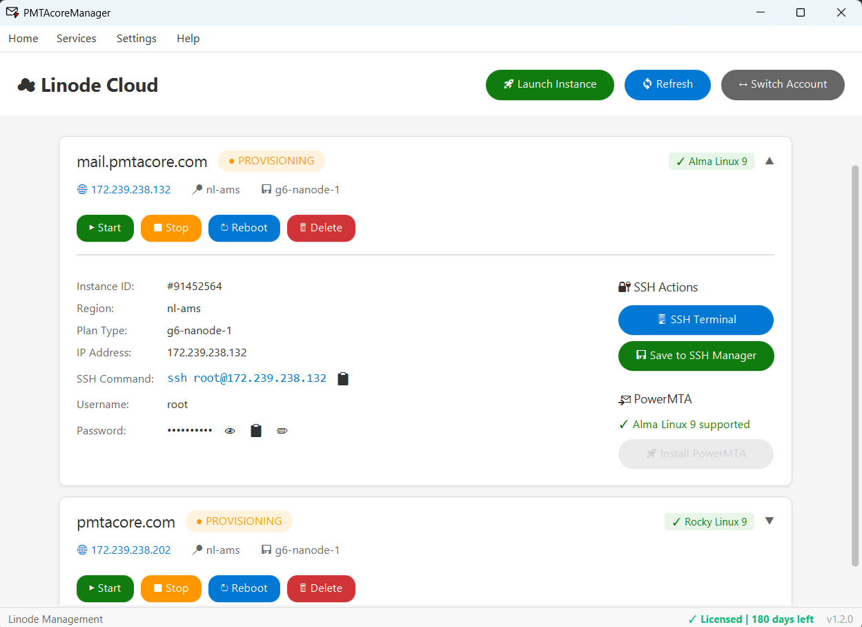 Linode Cloud Management - manage servers, SSH, and PowerMTA installations